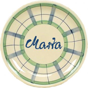 Dessertteller 19 mit Schrift (1 Zeile) karo grün-blau