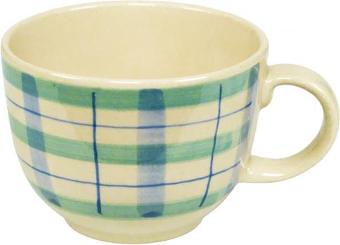 Jumbotasse mit Schrift (2 Zeilen) karo grün-blau