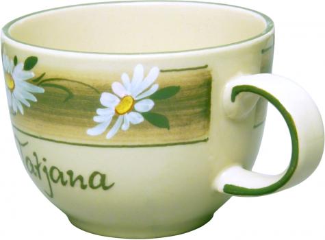 Jumbotasse mit Schrift (1 Zeile) Dekor Margueritenblume