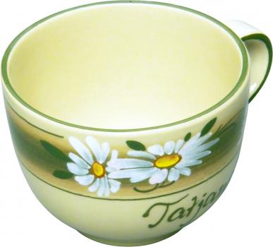 Jumbotasse mit Schrift (1 Zeile) Dekor Margueritenblume