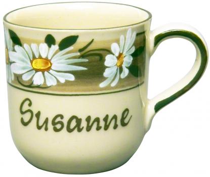 Kaffeebecher mit Schrift (2 Zeilen) Dekor Margueritenblume