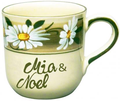 Kaffeebecher mit Schrift (2 Zeilen) Dekor Margueritenblume