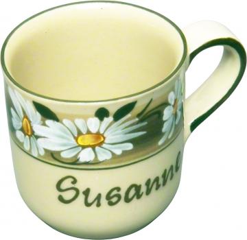 Kaffeebecher mit Schrift (2 Zeilen) Dekor Margueritenblume