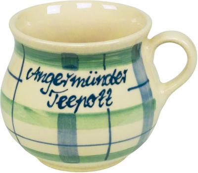 Mollytasse mit Schrift (2 Zeilen) karo grün-blau