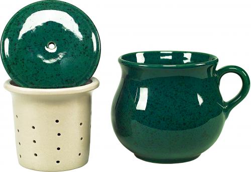 Mollytasse mit Sieb und Deckel grün Sprenkel