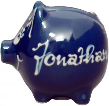 Sparschwein klein mit Schrift (1 Zeile) glänz. blau