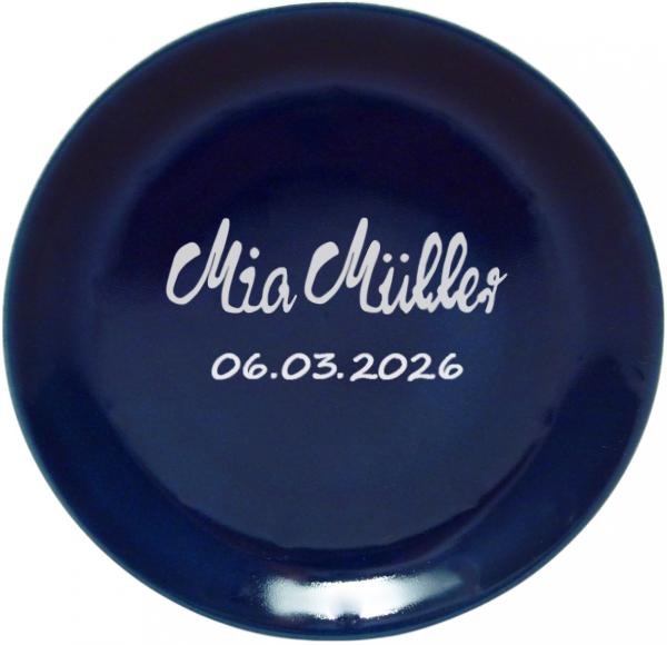 Dessertteller 19 mit Schrift (2 Zeilen) glänzend blau