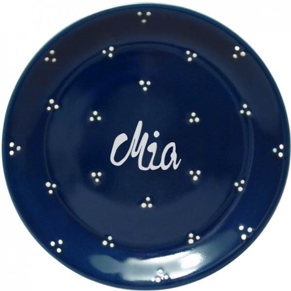 Dessertteller 19 mit Schrift (1 Zeile) blau 3 Punkt