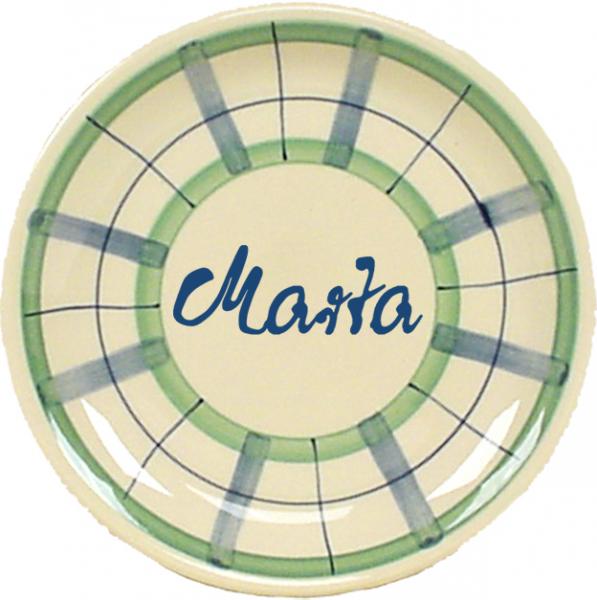 Dessertteller 19 mit Schrift (1 Zeile) karo grün-blau