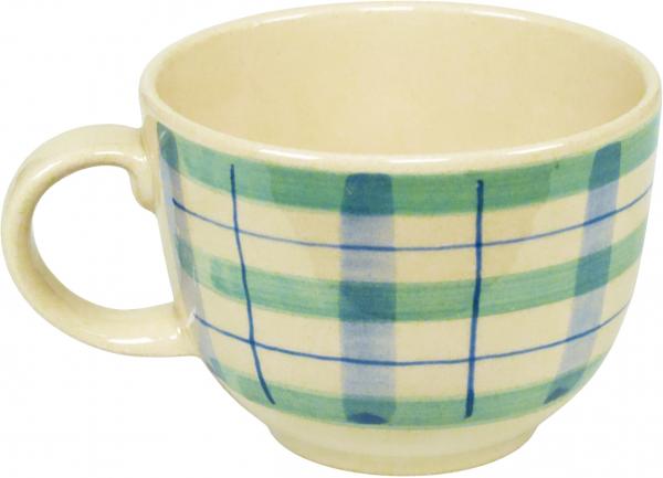 Jumbotasse mit Schrift (2 Zeilen) karo grün-blau