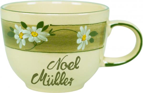 Jumbotasse mit Schrift (2 Zeilen) Dekor Margueritenblume