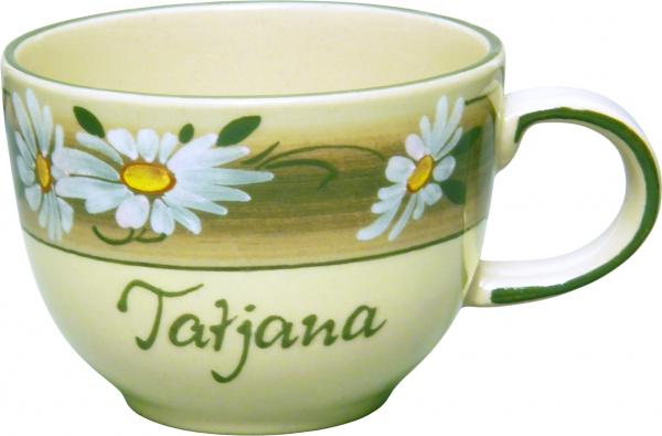 Jumbotasse mit Schrift (1 Zeile) Dekor Margueritenblume