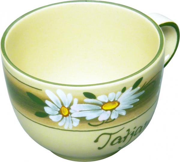 Jumbotasse mit Schrift (1 Zeile) Dekor Margueritenblume
