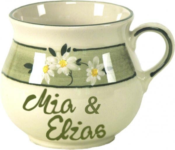 Mollytasse mit Schrift (2 Zeilen) Dekor Margueritenblume