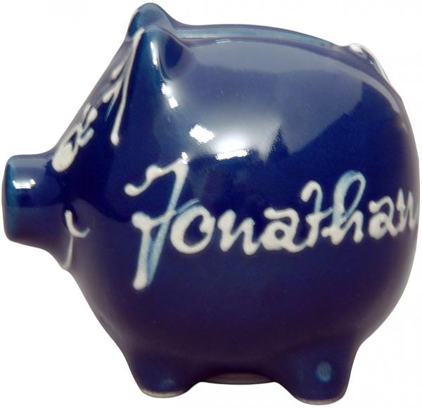 Sparschwein klein mit Schrift (1 Zeile) glänz. blau