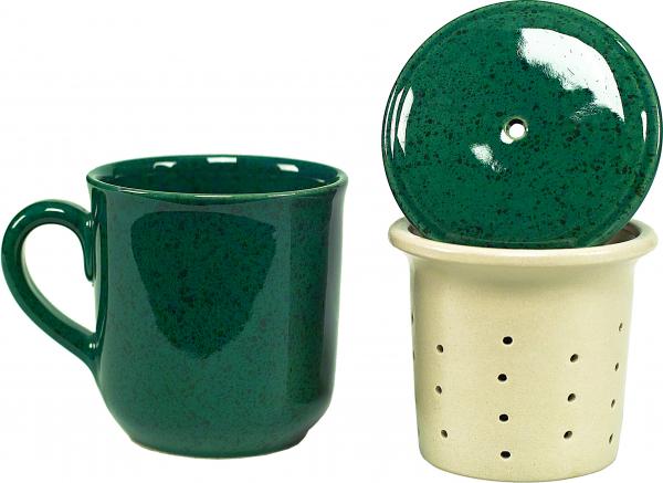 Teebecher mit Sieb und Deckel grün Sprenkel