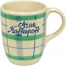Cappuccino mit Schrift (2 Zeilen) Karo Grün-Blau