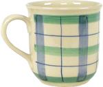 Kaffeebecher mit Schrift (2 Zeilen) karo grün-blau