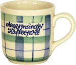 Kaffeebecher mit Schrift (2 Zeilen) karo grün-blau