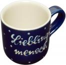 Kaffeebecher mit Schrift (2 Zeilen) blau 1 Punkt