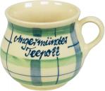 Mollytasse mit Schrift (2 Zeilen) karo grün-blau
