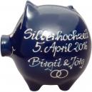 Sparschwein groß mit Schrift (3 Zeilen) glänzend blau